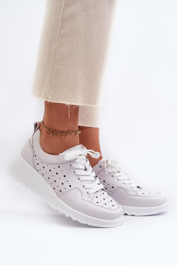 Women's Openwork Wedge Sneakers Natural Leather Light Grey S.Barski LR482