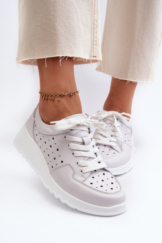Women's Openwork Wedge Sneakers Natural Leather Light Grey S.Barski LR482