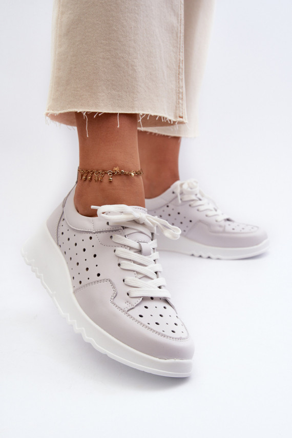 Women's Openwork Wedge Sneakers Natural Leather Light Grey S.Barski LR482