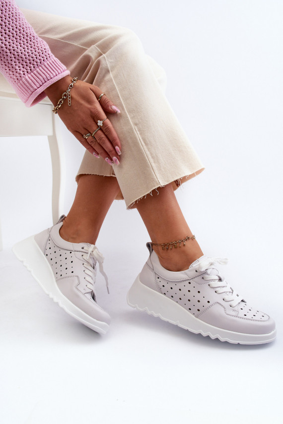 Women's Openwork Wedge Sneakers Natural Leather Light Grey S.Barski LR482