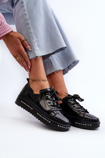 Women's Lace-Up Platform Shoes Genuine Leather S.Barski LR620 Black 2