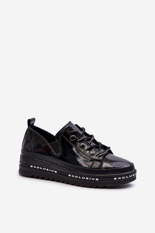 Women's Lace-Up Platform Shoes Genuine Leather S.Barski LR620 Black