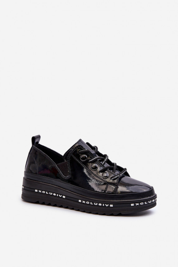 Women's Lace-Up Platform Shoes Genuine Leather S.Barski LR620 Black