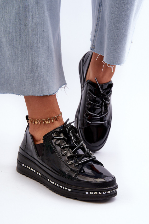 Women's Lace-Up Platform Shoes Genuine Leather S.Barski LR620 Black