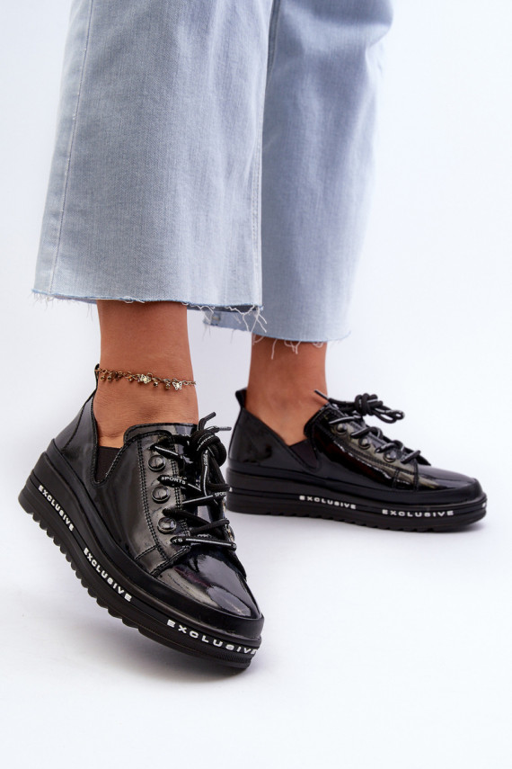 Women's Lace-Up Platform Shoes Genuine Leather S.Barski LR620 Black