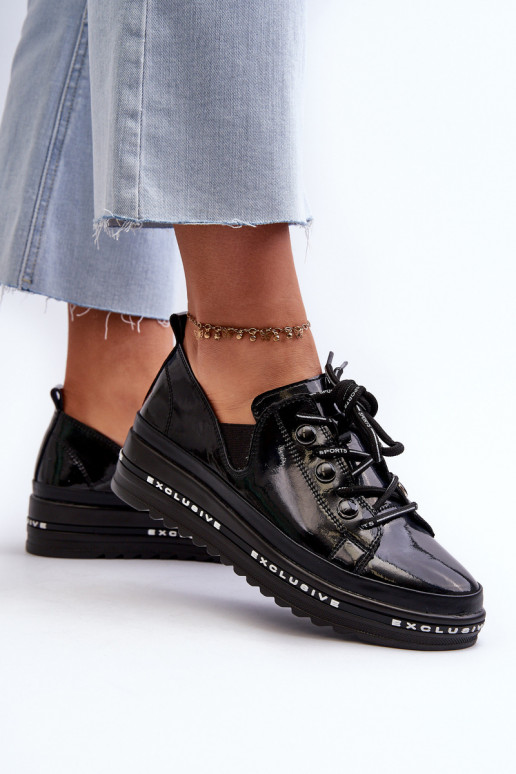 Women's Lace-Up Platform Shoes Genuine Leather S.Barski LR620 Black