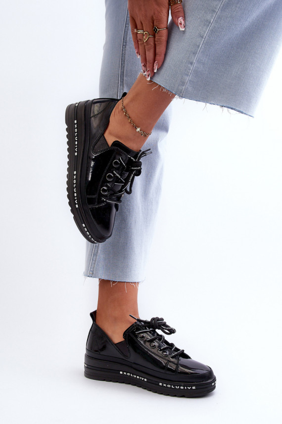 Women's Lace-Up Platform Shoes Genuine Leather S.Barski LR620 Black