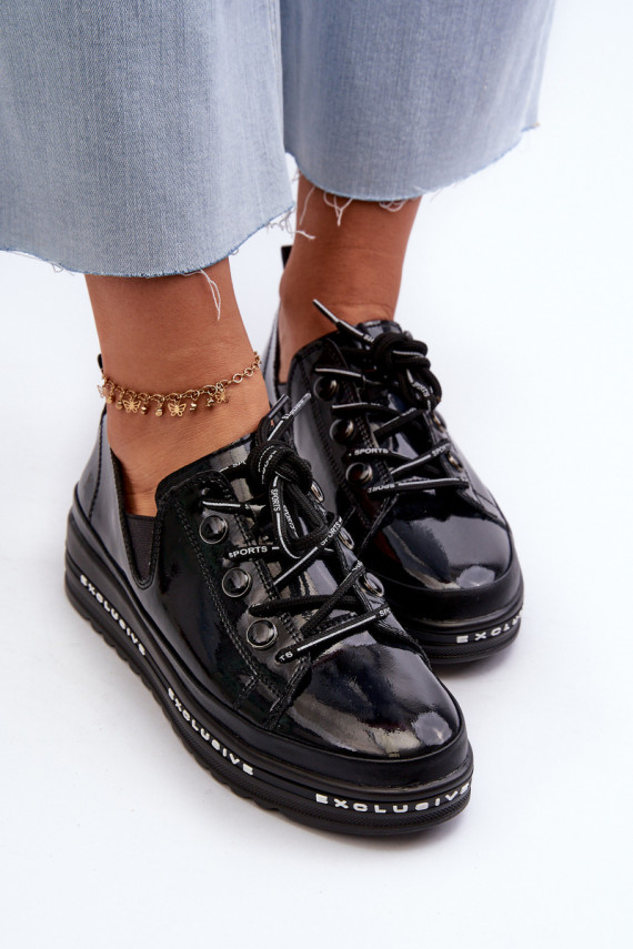 Women's Lace-Up Platform Shoes Genuine Leather S.Barski LR620 Black