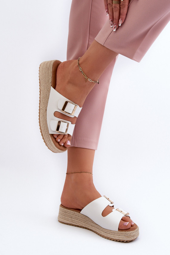 Women's White Leather Sandals with Woven Eco Leather Zaloemi
