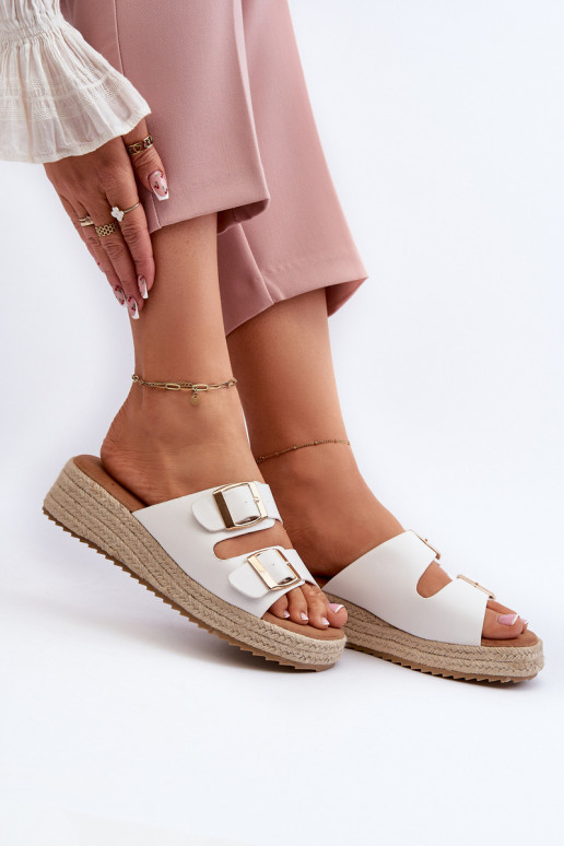Women's White Leather Sandals with Woven Eco Leather Zaloemi