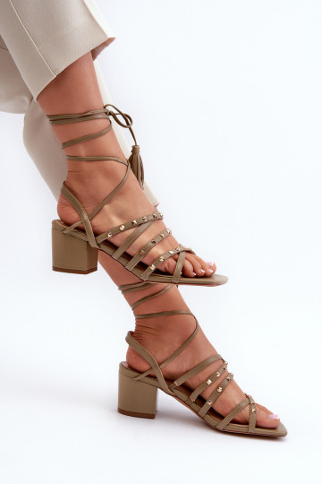 Lace-Up Sandals With Low Heels Adorned with Studs Green Chrisele 2