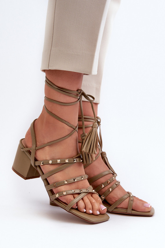Lace-Up Sandals With Low Heels Adorned with Studs Green Chrisele