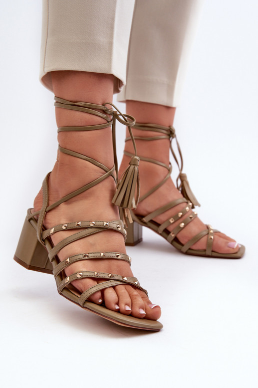Lace-Up Sandals With Low Heels Adorned with Studs Green Chrisele