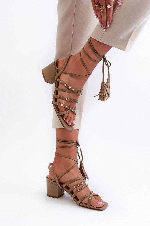 Lace-Up Sandals With Low Heels Adorned with Studs Green Chrisele