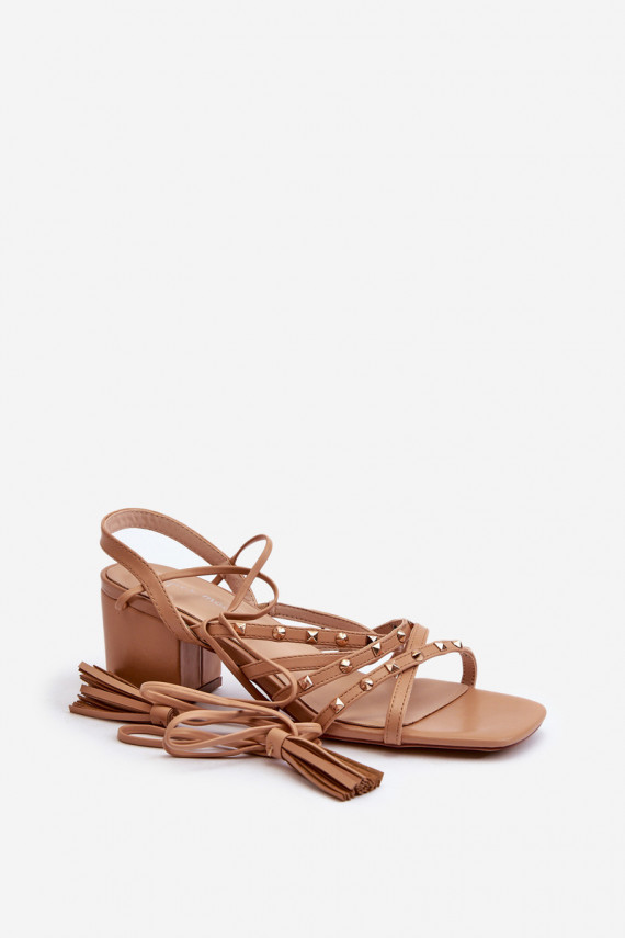 Lace-up sandals with low heels embellished with studs Camel Chrisele