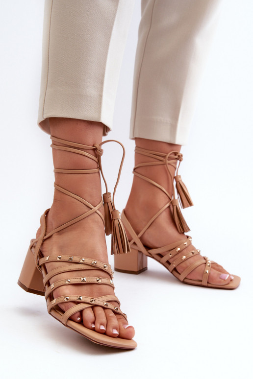 Lace-up sandals with low heels embellished with studs Camel Chrisele