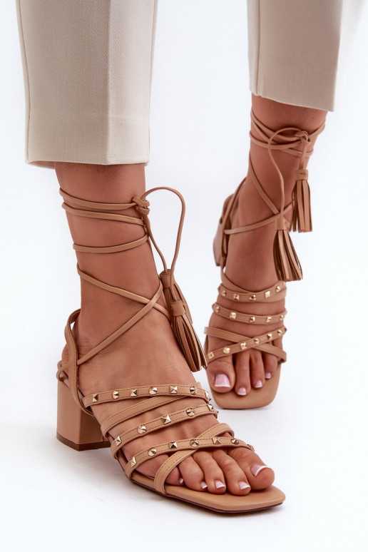 Lace-up sandals with low heels embellished with studs Camel Chrisele