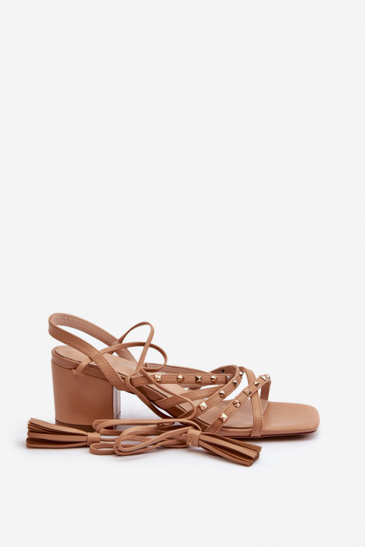 Lace-up sandals with low heels embellished with studs Camel Chrisele