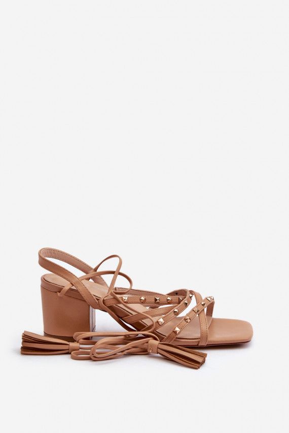 Lace-up sandals with low heels embellished with studs Camel Chrisele