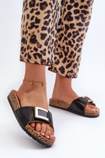 Women's Black Slide Sandals on Cork Platform with Embellishment Elleriome 2