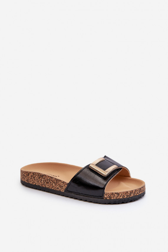 Women's Black Slide Sandals on Cork Platform with Embellishment Elleriome