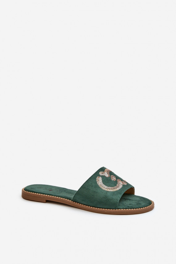 Women's Flat Flip Flops With Sequins S.Barski KV27-052 Green