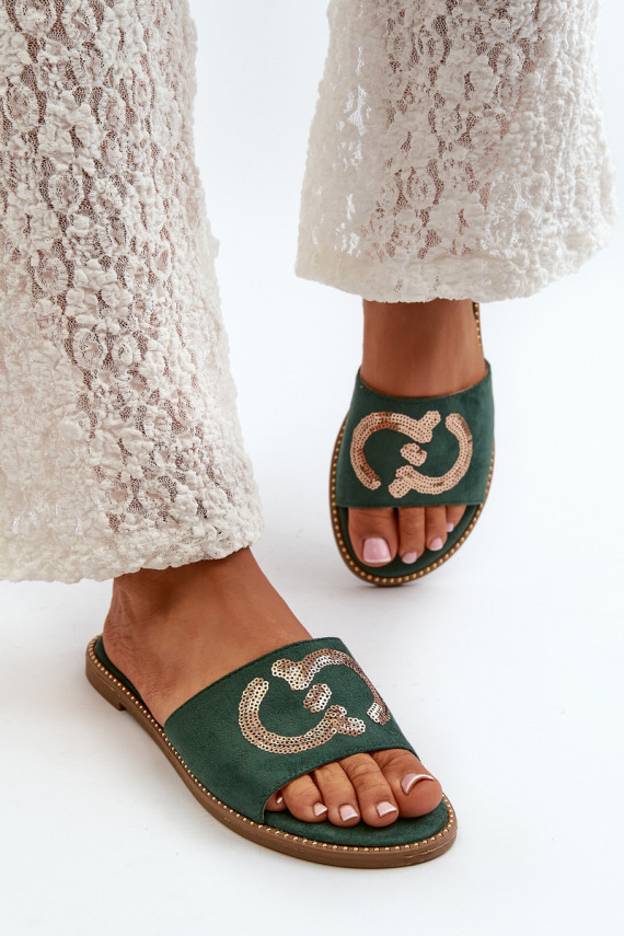 Women's Flat Flip Flops With Sequins S.Barski KV27-052 Green