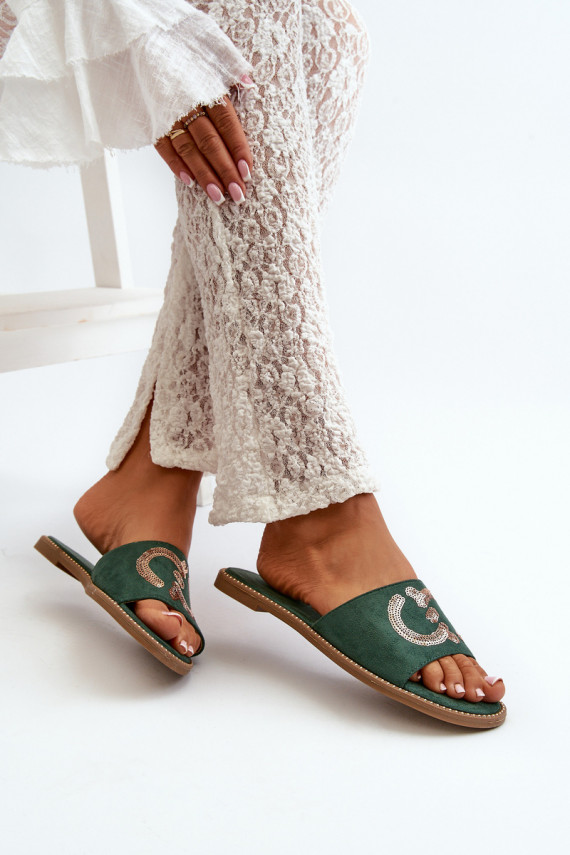 Women's Flat Flip Flops With Sequins S.Barski KV27-052 Green