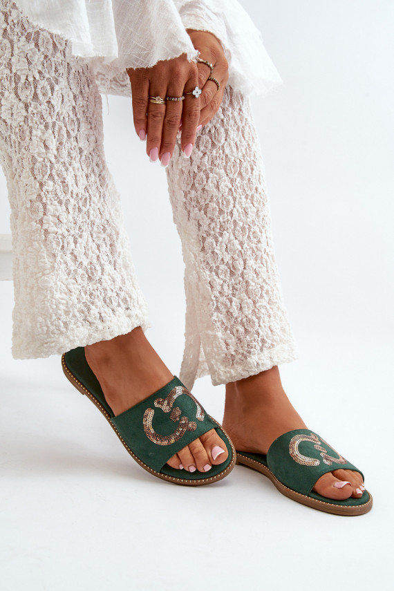 Women's Flat Flip Flops With Sequins S.Barski KV27-052 Green
