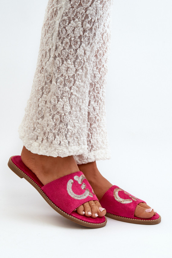 Women's Flat Sequined Slides S.Barski KV27-052 Fuchsia