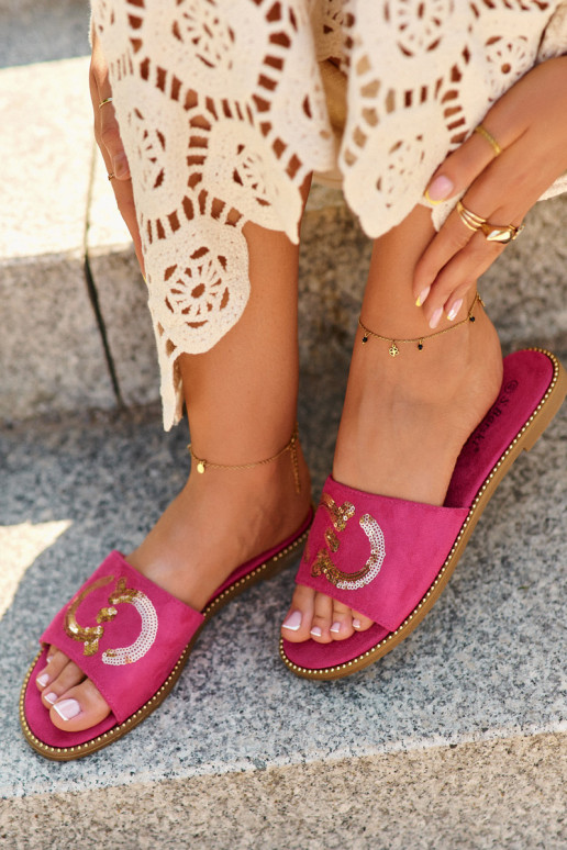 Women's Flat Sequined Slides S.Barski KV27-052 Fuchsia