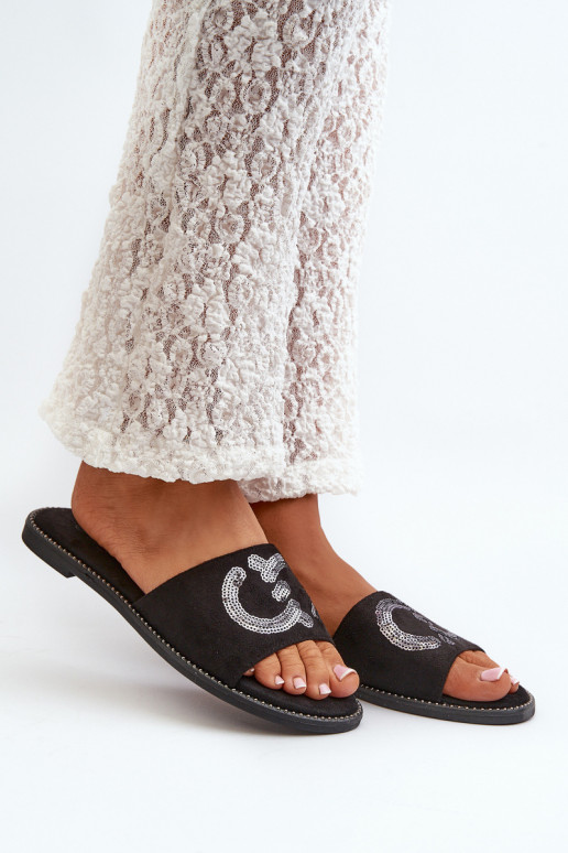 Women's Flat Flip-Flops With Sequins S.Barski KV27-052 Black