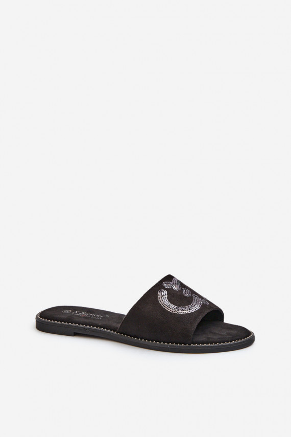 Women's Flat Flip-Flops With Sequins S.Barski KV27-052 Black
