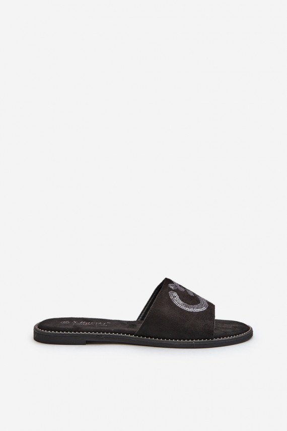 Women's Flat Flip-Flops With Sequins S.Barski KV27-052 Black