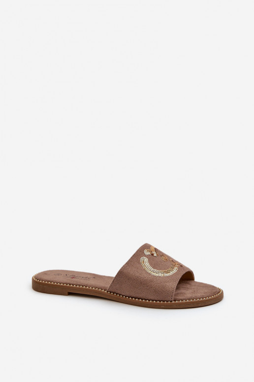 Women's Flat Slippers With Sequins S.Barski KV27-052 Brown