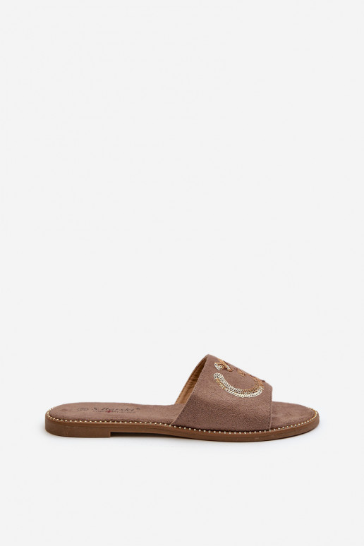 Women's Flat Slippers With Sequins S.Barski KV27-052 Brown