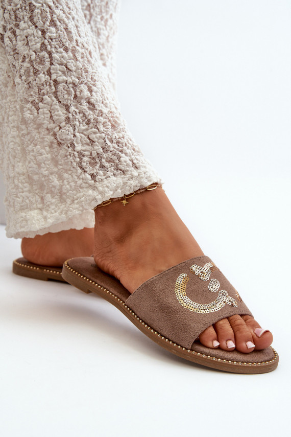 Women's Flat Slippers With Sequins S.Barski KV27-052 Brown
