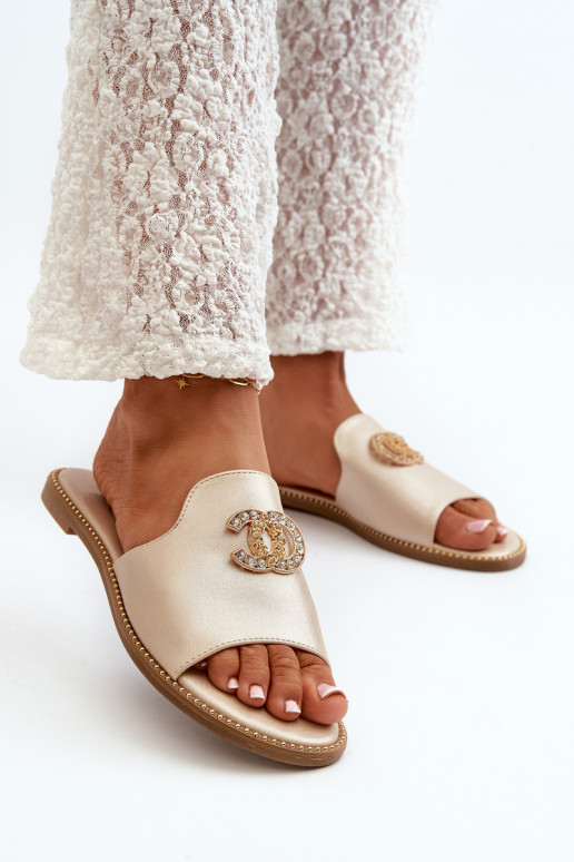 Elegant Women's Shiny Slippers With Decoration S.Barski KV27-050 Gold