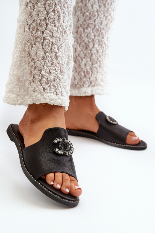 Elegant Women's Shiny Slippers With Decoration S.Barski KV27-050 Black