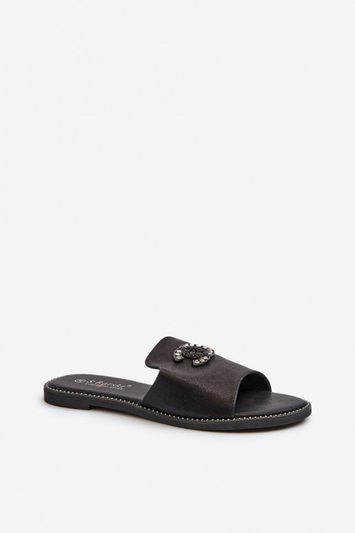 Elegant Women's Shiny Slippers With Decoration S.Barski KV27-050 Black