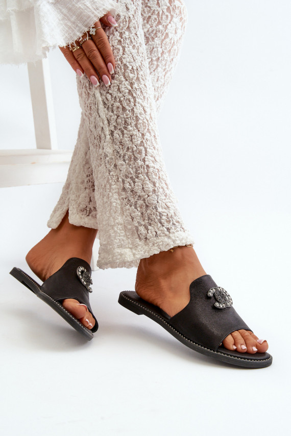 Elegant Women's Shiny Slippers With Decoration S.Barski KV27-050 Black