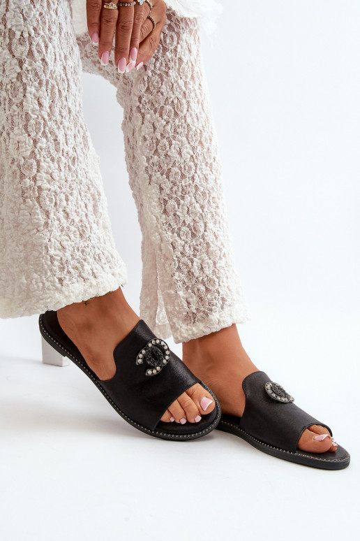 Elegant Women's Shiny Slippers With Decoration S.Barski KV27-050 Black
