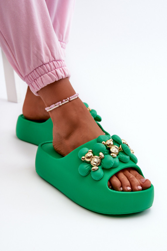 Women's Foam Slides With Decorations On Thick Sole Green Bremavia