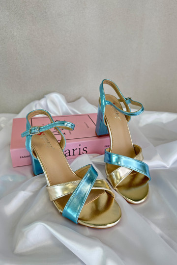 Eco Leather Sandals with Block Heel in Blue-Gold Abilica 2