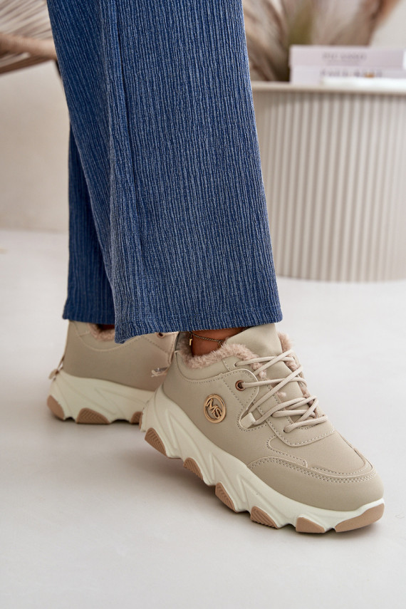 Warm Women's Sports Shoes Lace-up On Platform Beige Bialoa