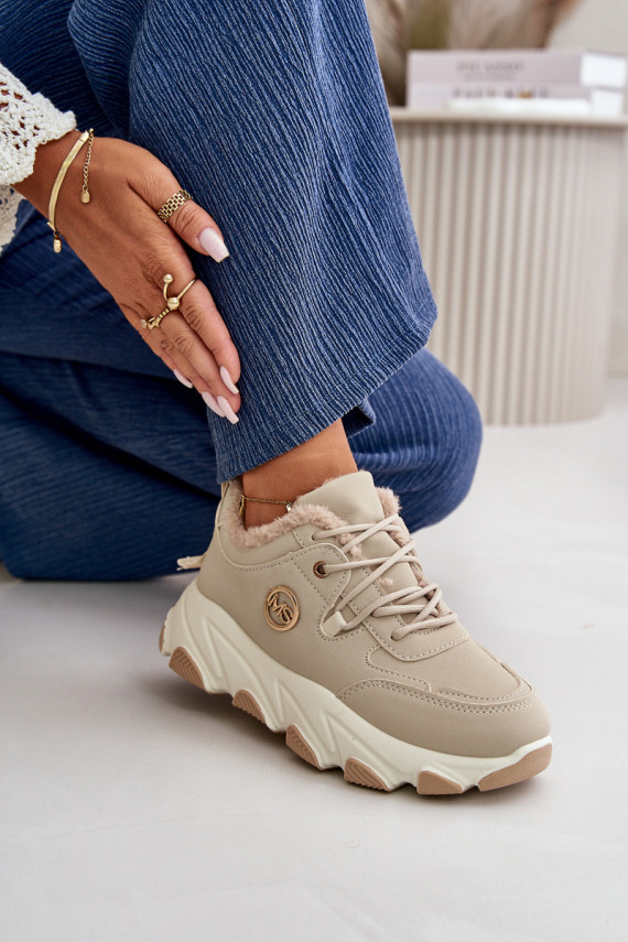 Warm Women's Sports Shoes Lace-up On Platform Beige Bialoa