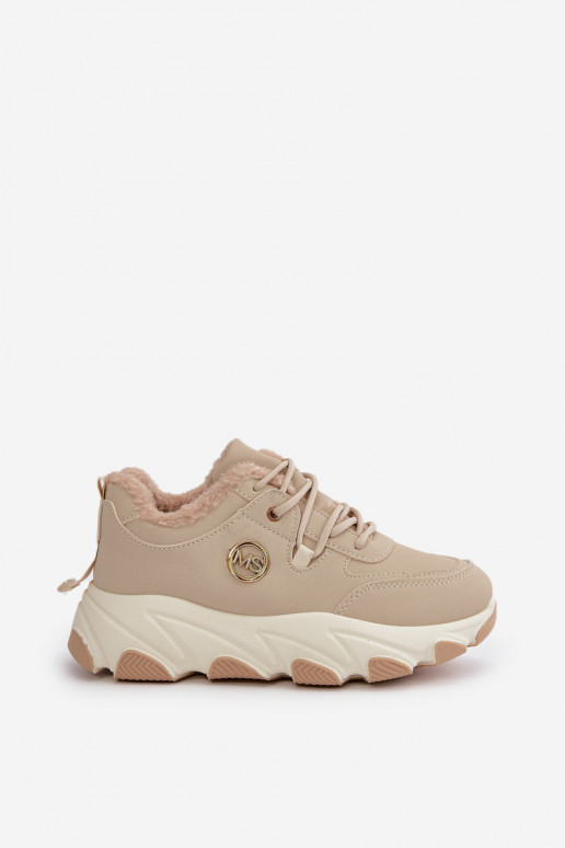 Warm Women's Sports Shoes Lace-up On Platform Beige Bialoa