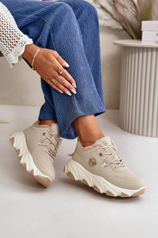 Warm Women's Sports Shoes Lace-up On Platform Beige Bialoa