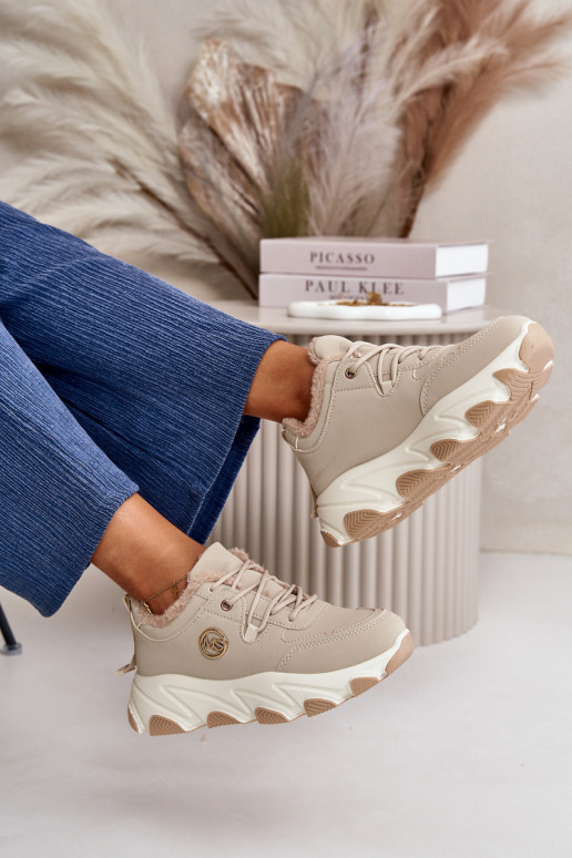 Warm Women's Sports Shoes Lace-up On Platform Beige Bialoa