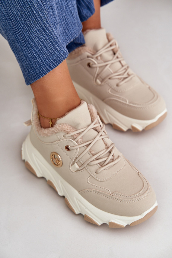 Warm Women's Sports Shoes Lace-up On Platform Beige Bialoa